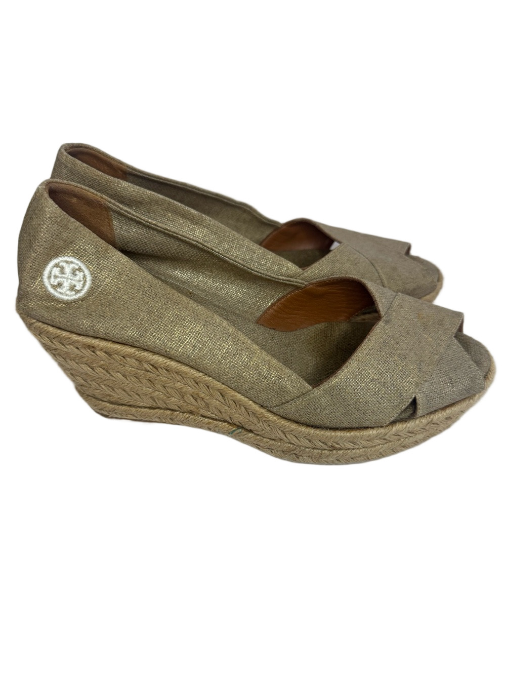 Tory Burch Filipa Logo Canvas Peep Toe Wedge Espadrilles Size 8B - Picture 1 of 14